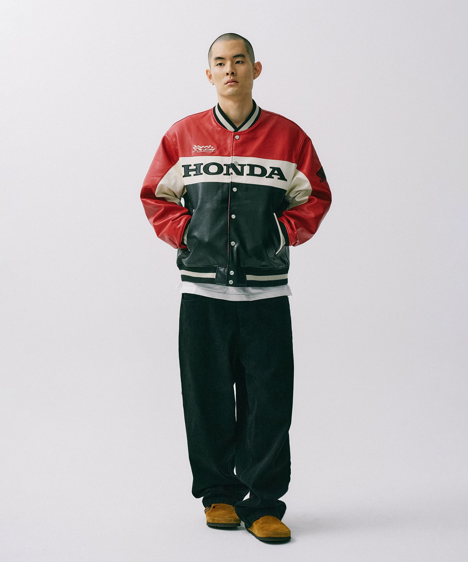 MUSINSA | Honda Motorcycle Wappen Leather Varsity Jacket_Blue