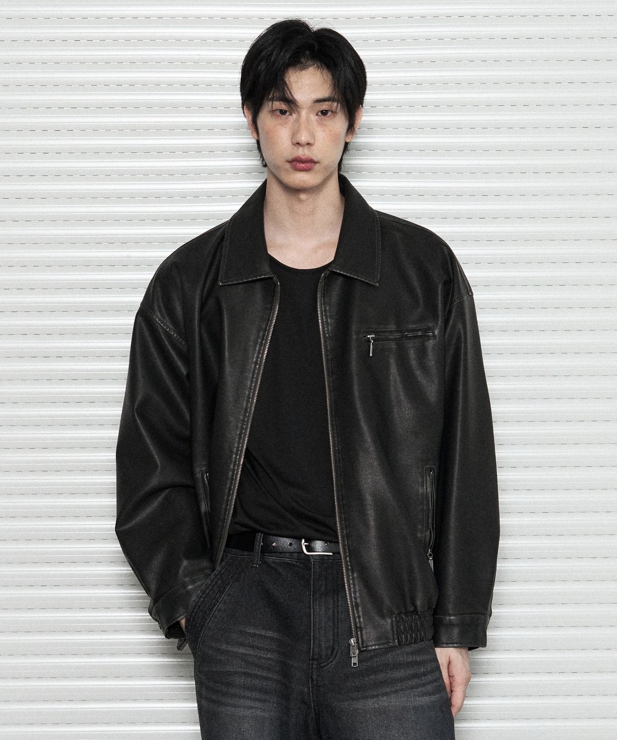 레더리(LEATHERY) 워시드 레더 오버핏 블루종 자켓 [WASHED BROWN]
