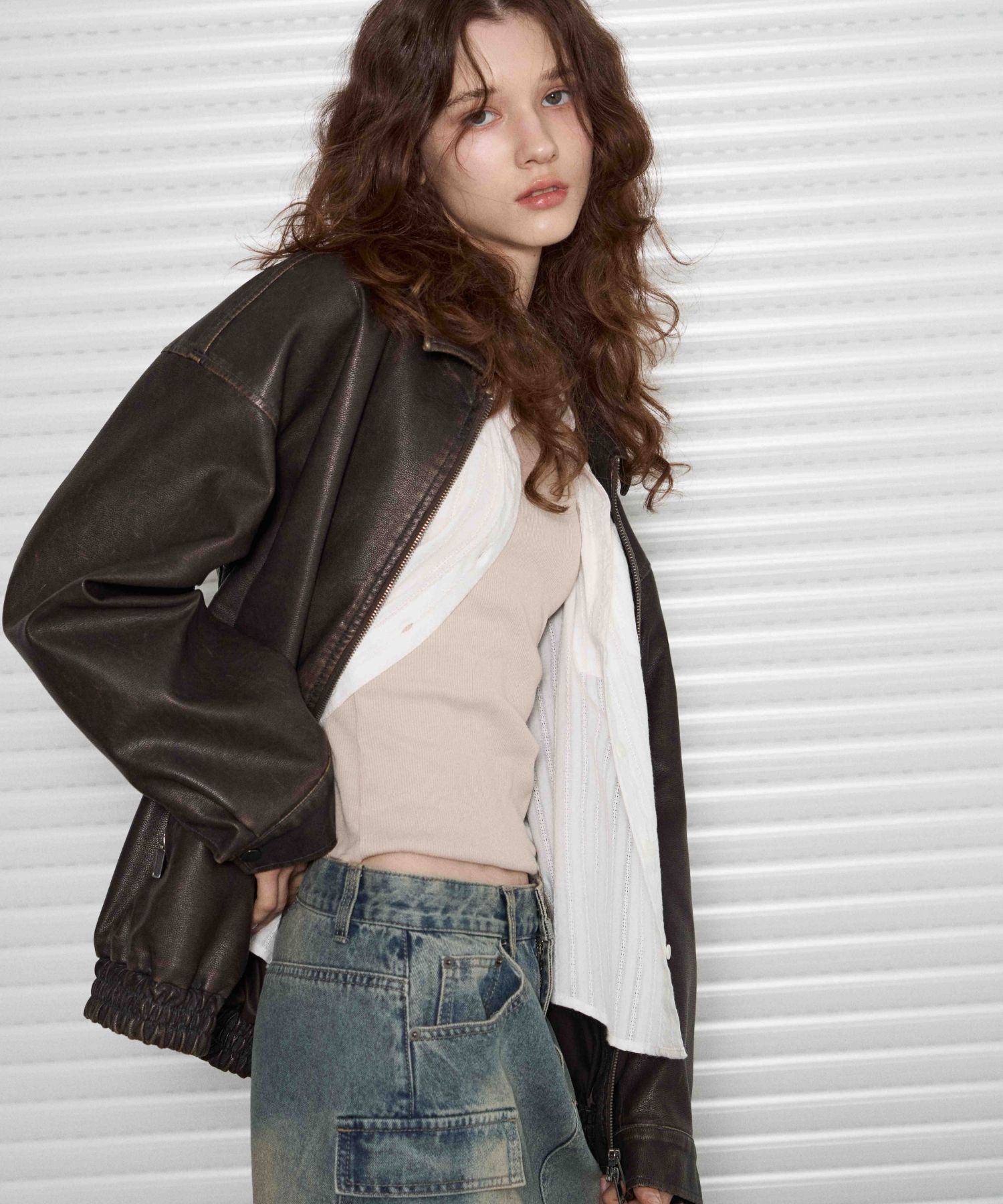 MUSINSA | LEATHERY Washed Leather Overfit Blue Jacket