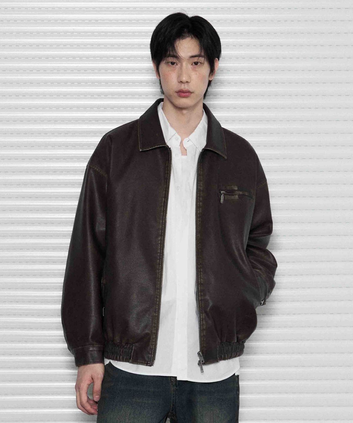 레더리(LEATHERY) 워시드 레더 오버핏 블루종 자켓 [WASHED BLACK]