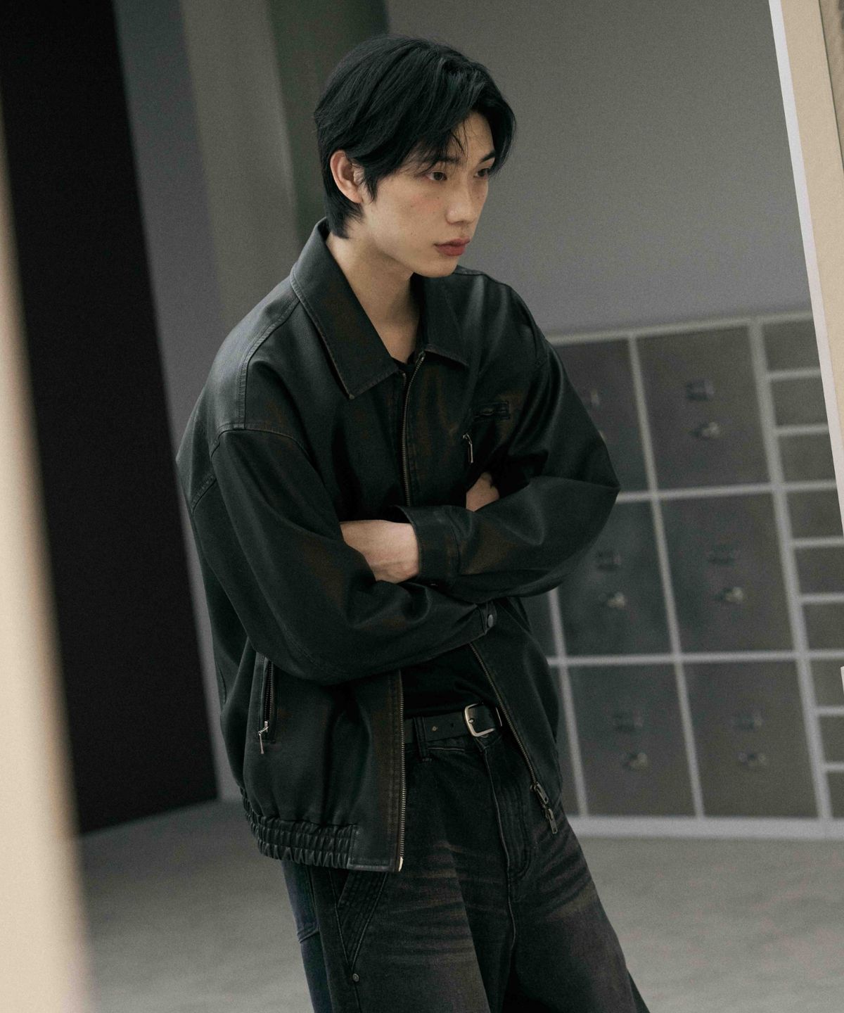 레더리(LEATHERY) 워시드 레더 오버핏 블루종 자켓 [WASHED BLACK]