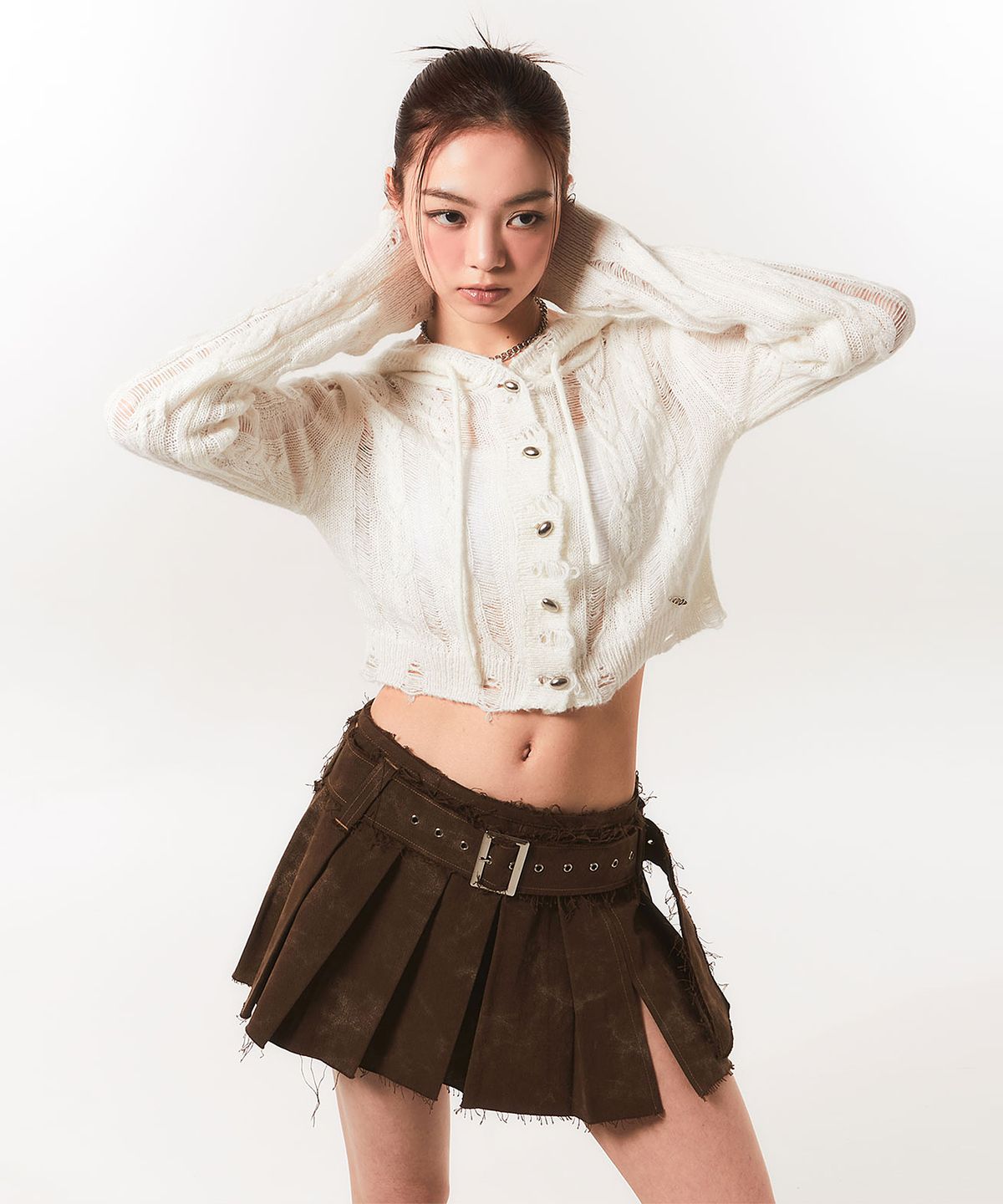 체리퀴리(CHERRYQUIRI) rough belted pleats sk - brown