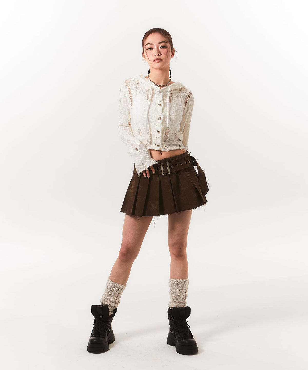 체리퀴리(CHERRYQUIRI) rough belted pleats sk - brown