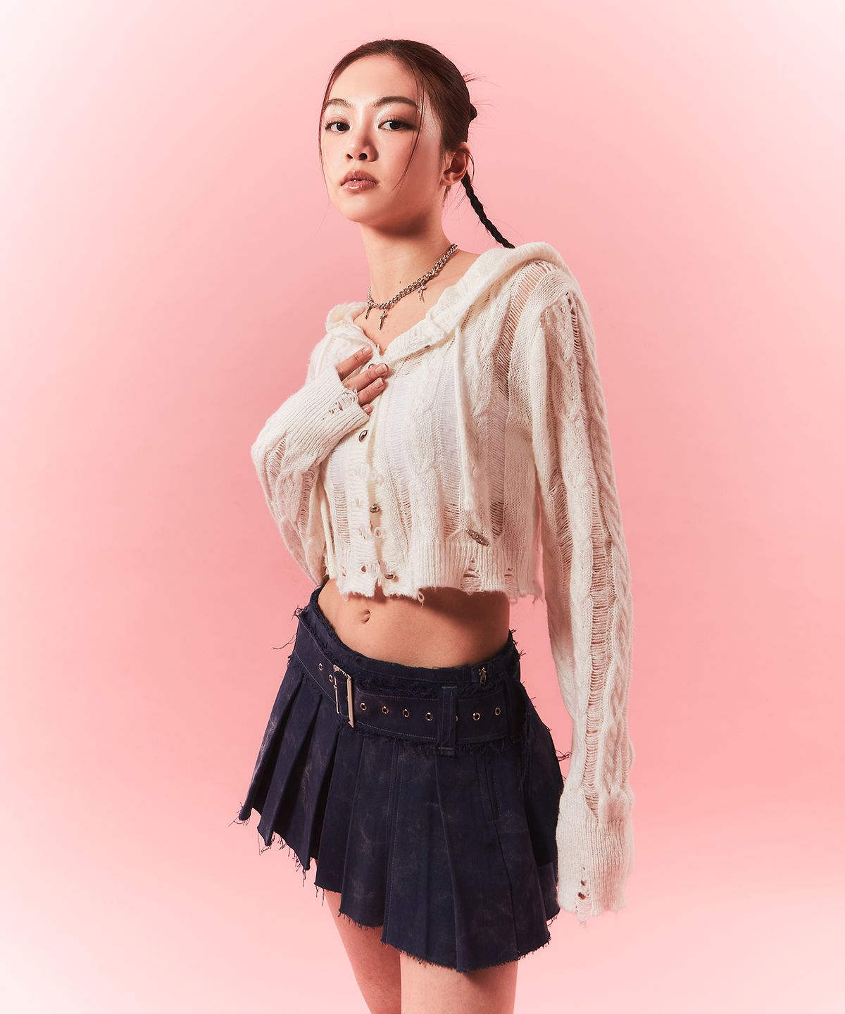 체리퀴리(CHERRYQUIRI) rough belted pleats sk - deep blue