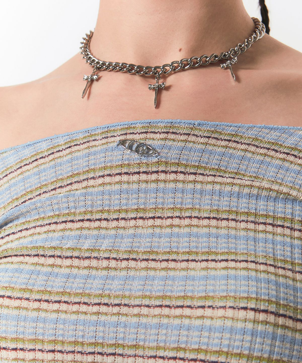 체리퀴리(CHERRYQUIRI) smooth off shoulder top - blue stripe