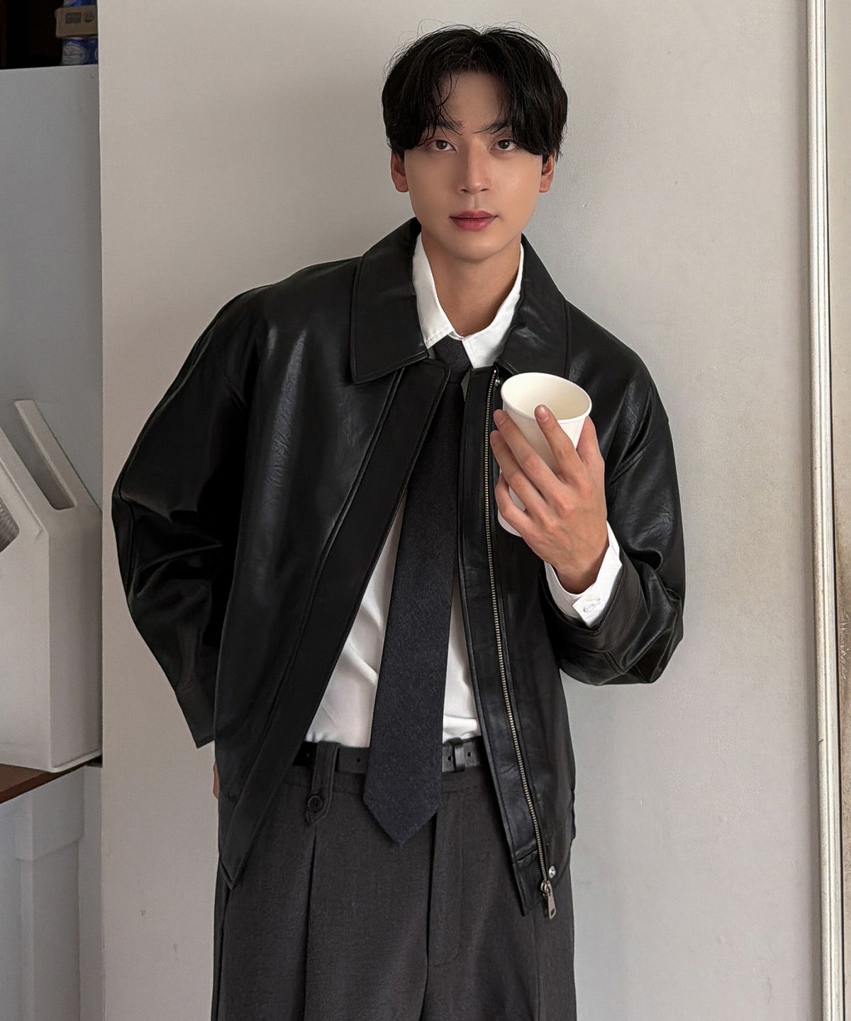 레프트서울(LEFTSEOUL) [남녀공용] 신세틱 레더 오버핏 블루종 [블랙]
