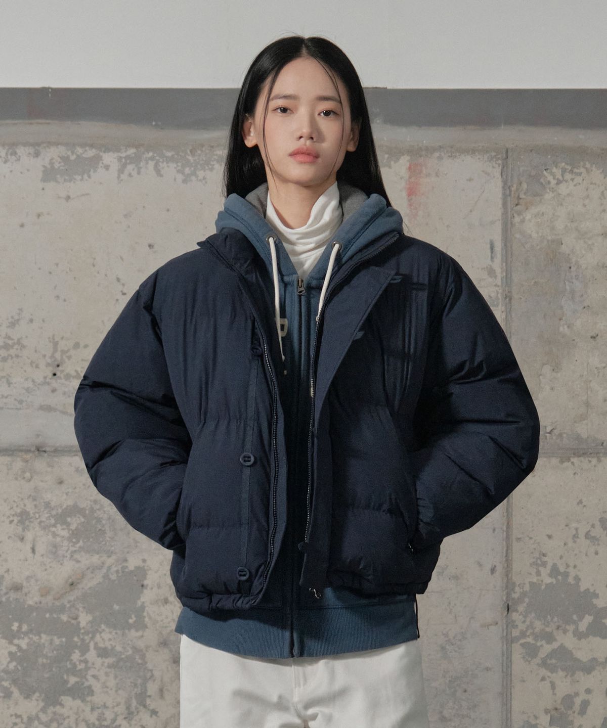 세컨모놀로그(SECONDMONO) 더블 어드저스트 버튼 숏 패딩 점퍼 [NAVY]_SEJP005NAVY