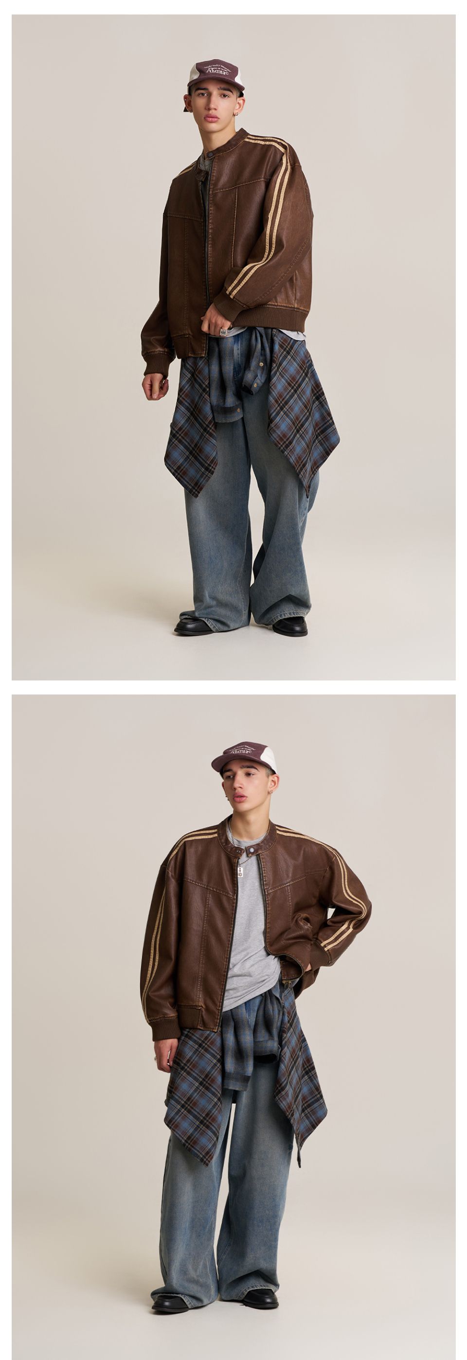 MUSINSA公式 | SUPERSUB Vintage Track Biker Leather Jumper - Brown