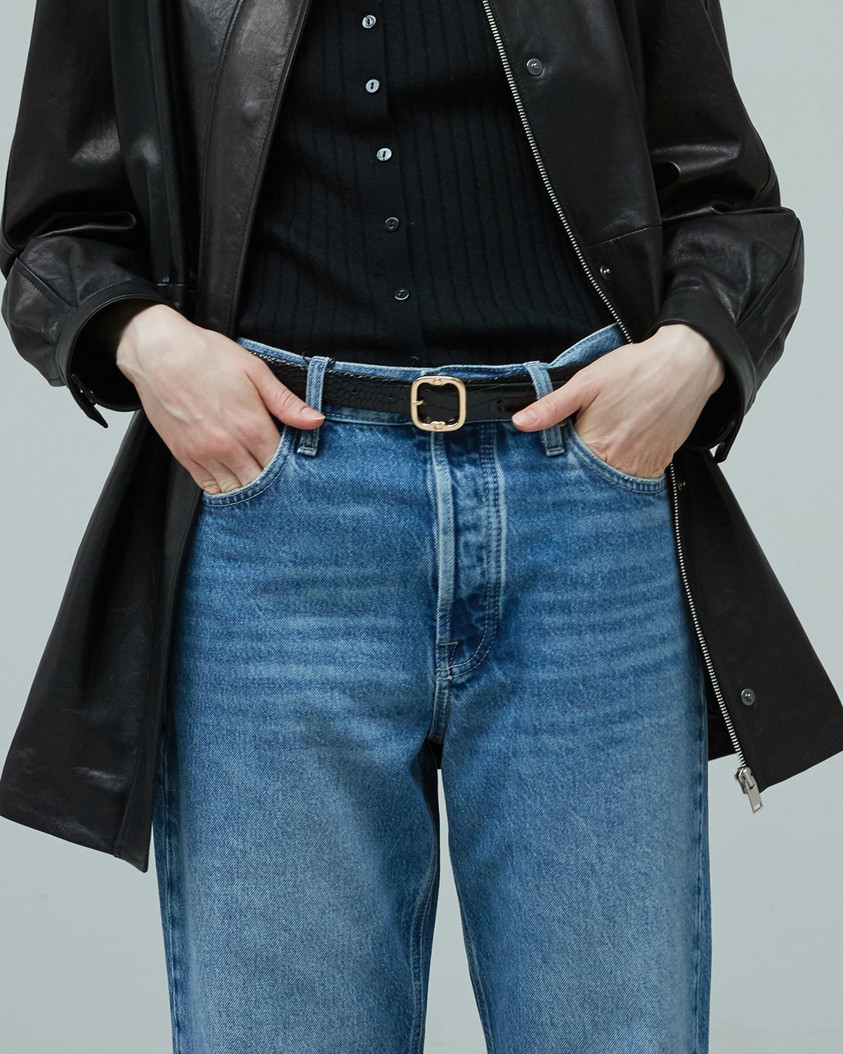 베르데마르(VERDEMAR) Crocodile pattern leather belt_Black
