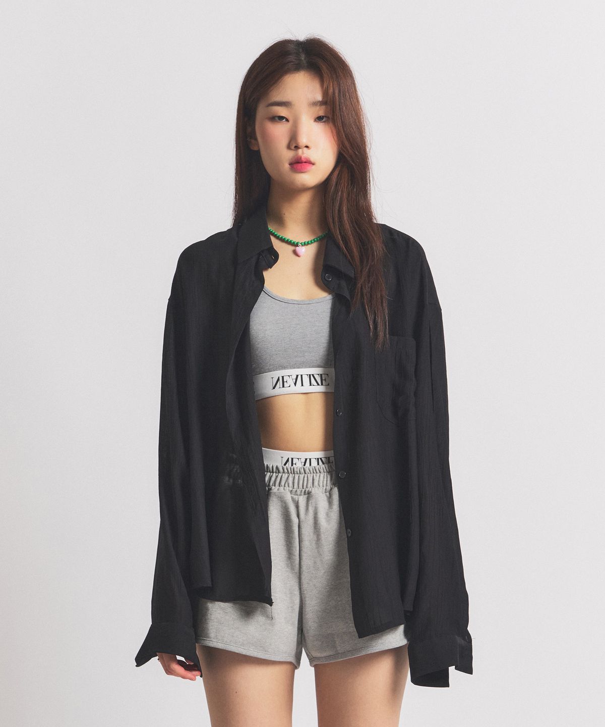 닐라이즈(NEALIZE) Ribbon Oversized See-through Shirt Black