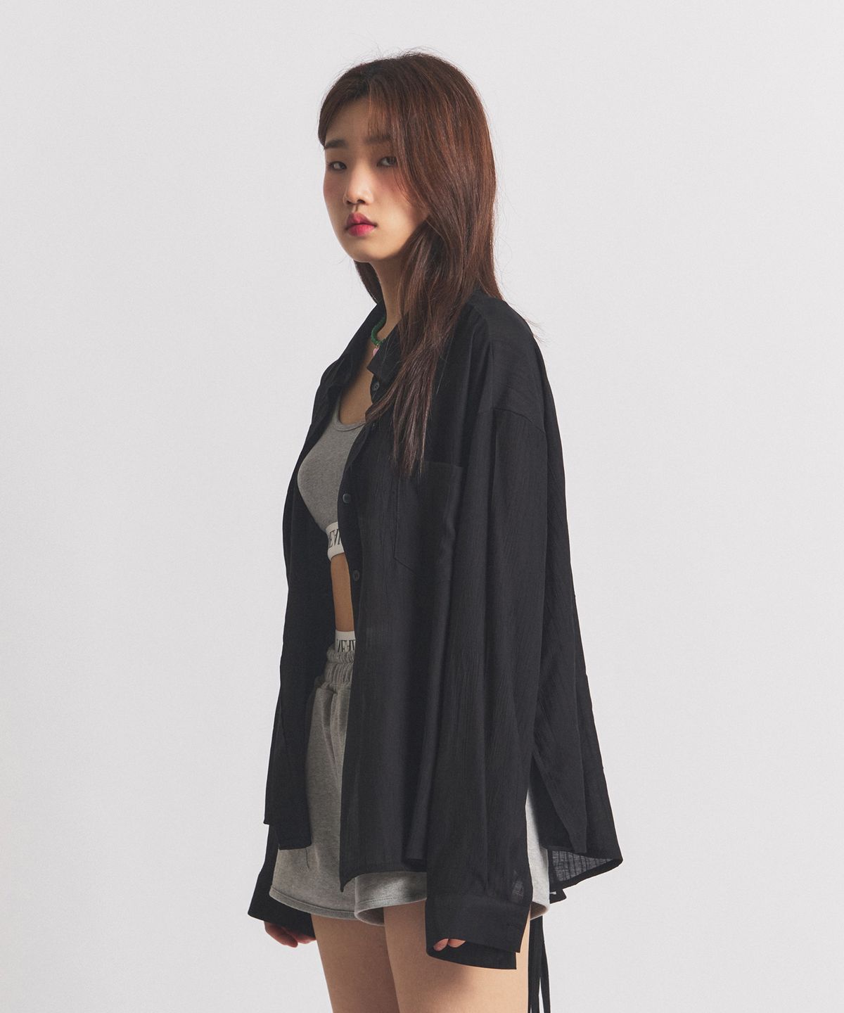 닐라이즈(NEALIZE) Ribbon Oversized See-through Shirt Black
