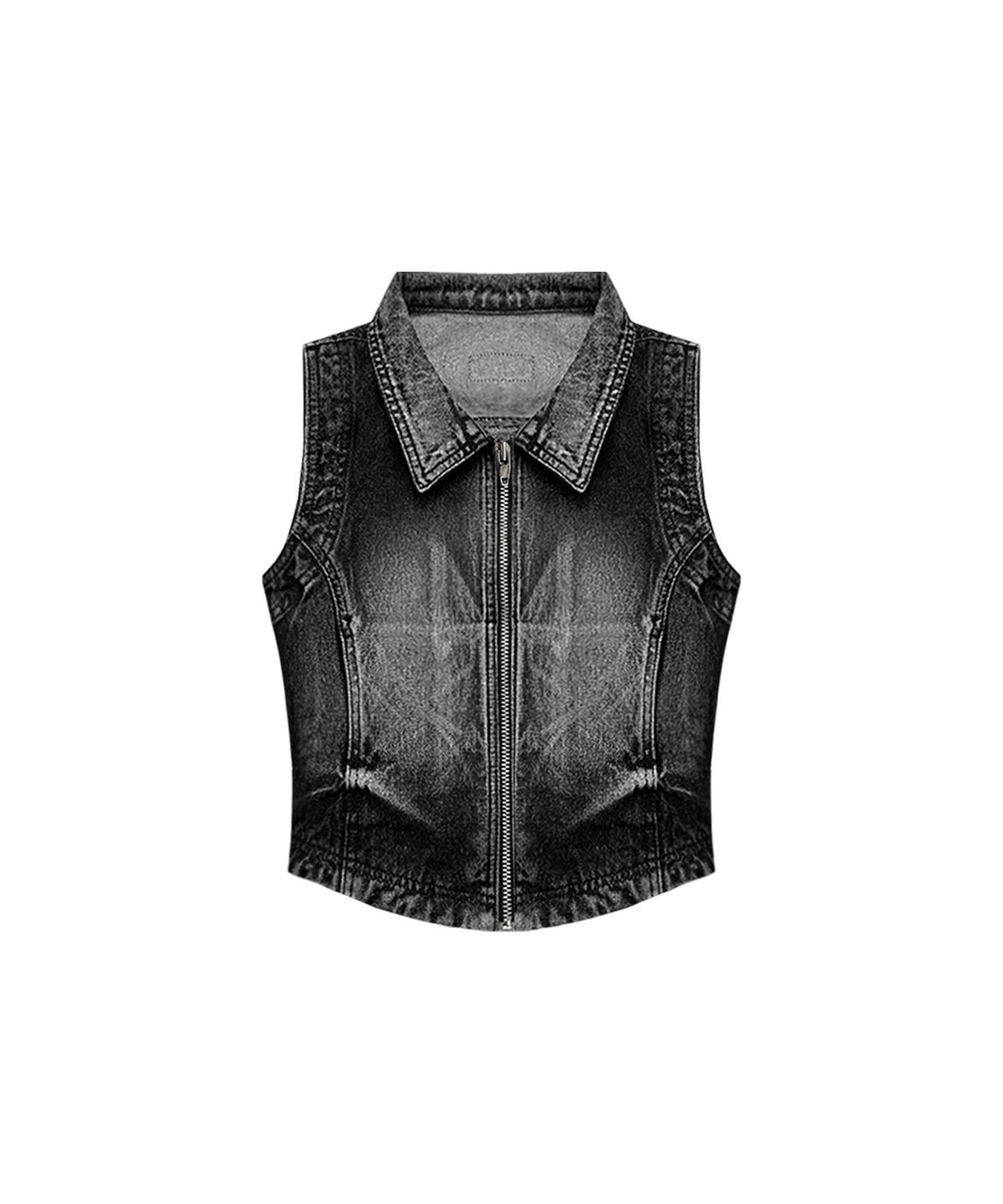 비엘알(BLR) Summer Washing Biker Denim Zip-up Vest Black