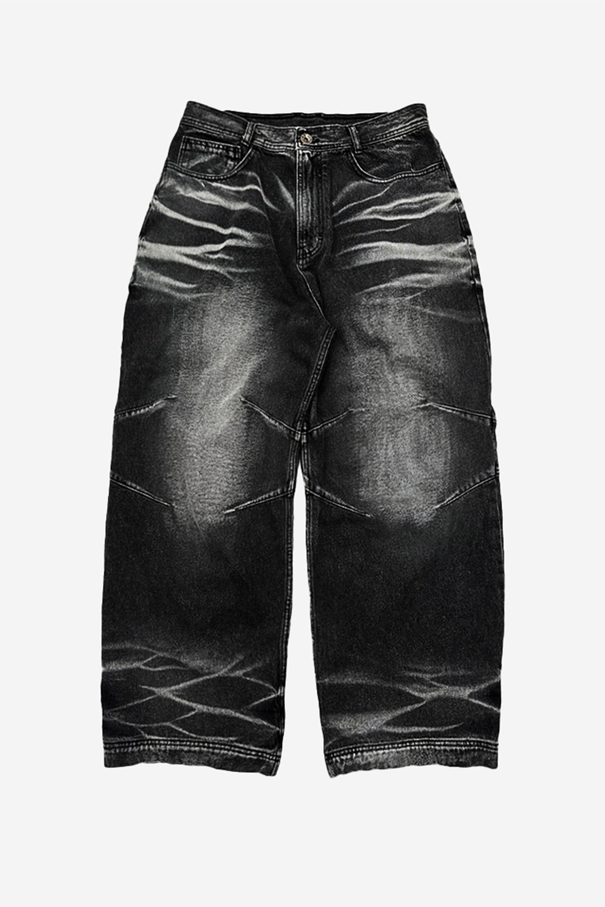비엘알(BLR) Embossed Wave Washing Wide Denim Pants Black