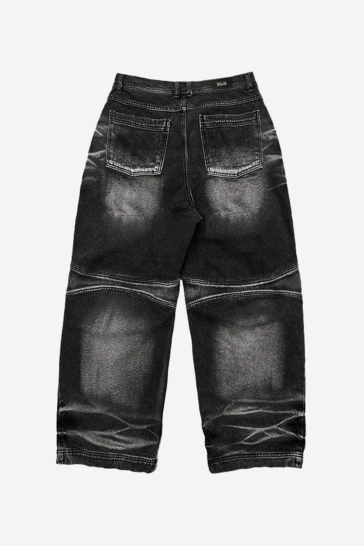 비엘알(BLR) Embossed Wave Washing Wide Denim Pants Black