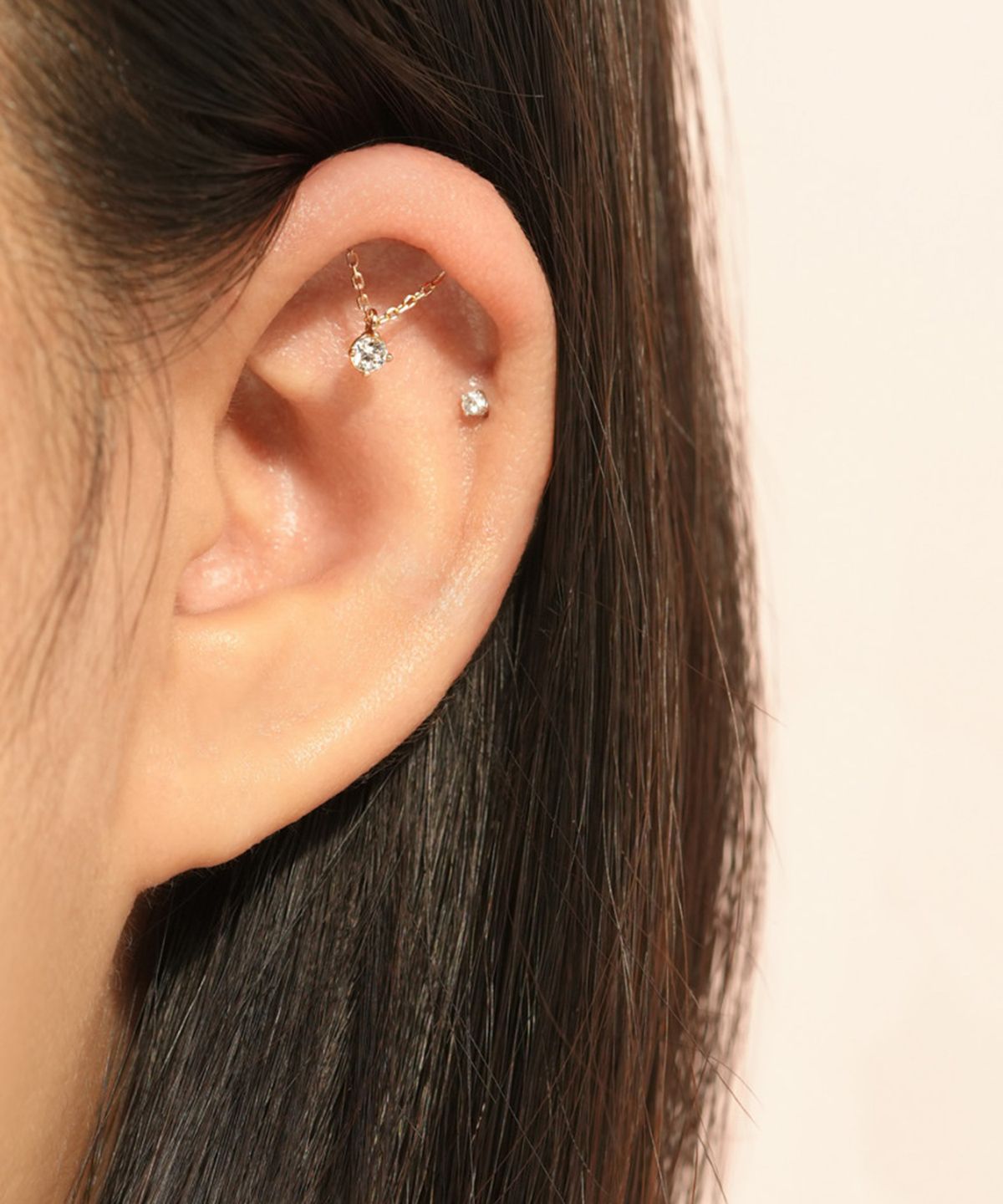 미니멀피어싱(MINIMALPIERCING) 14K 모이사나이트 다이아 히든 헬릭스 드롭 큐빅 피어싱 귀걸이 1부
