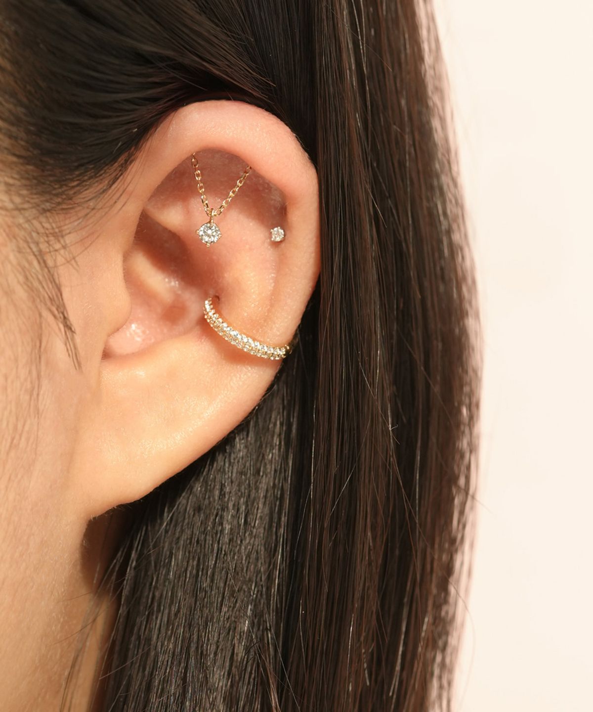 미니멀피어싱(MINIMALPIERCING) 14K 모이사나이트 다이아 히든 헬릭스 드롭 큐빅 피어싱 귀걸이 1부