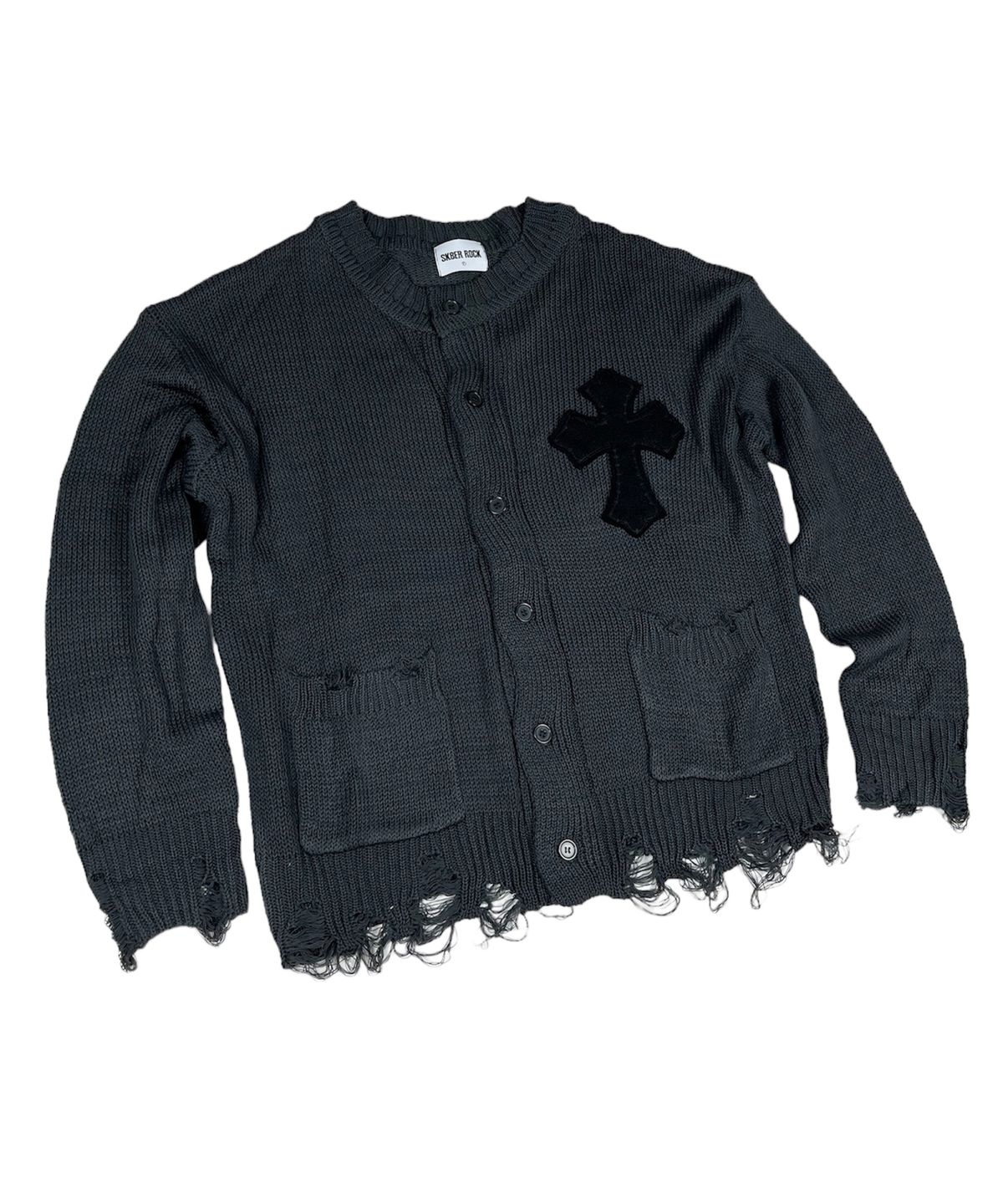 스케이터락(SK8ER ROCK) Classic Cross Destroyed Knit Cardigan ((Dark gray))