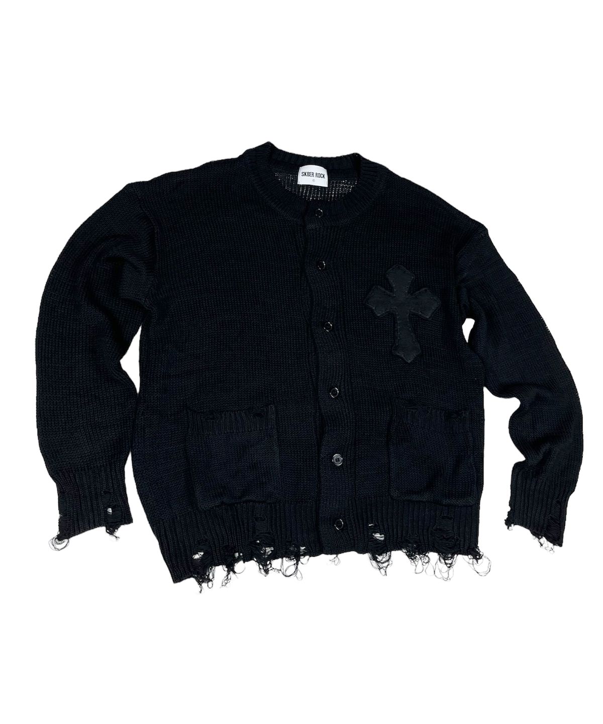 스케이터락(SK8ER ROCK) Classic Cross Destroyed Knit Cardigan ((Black))