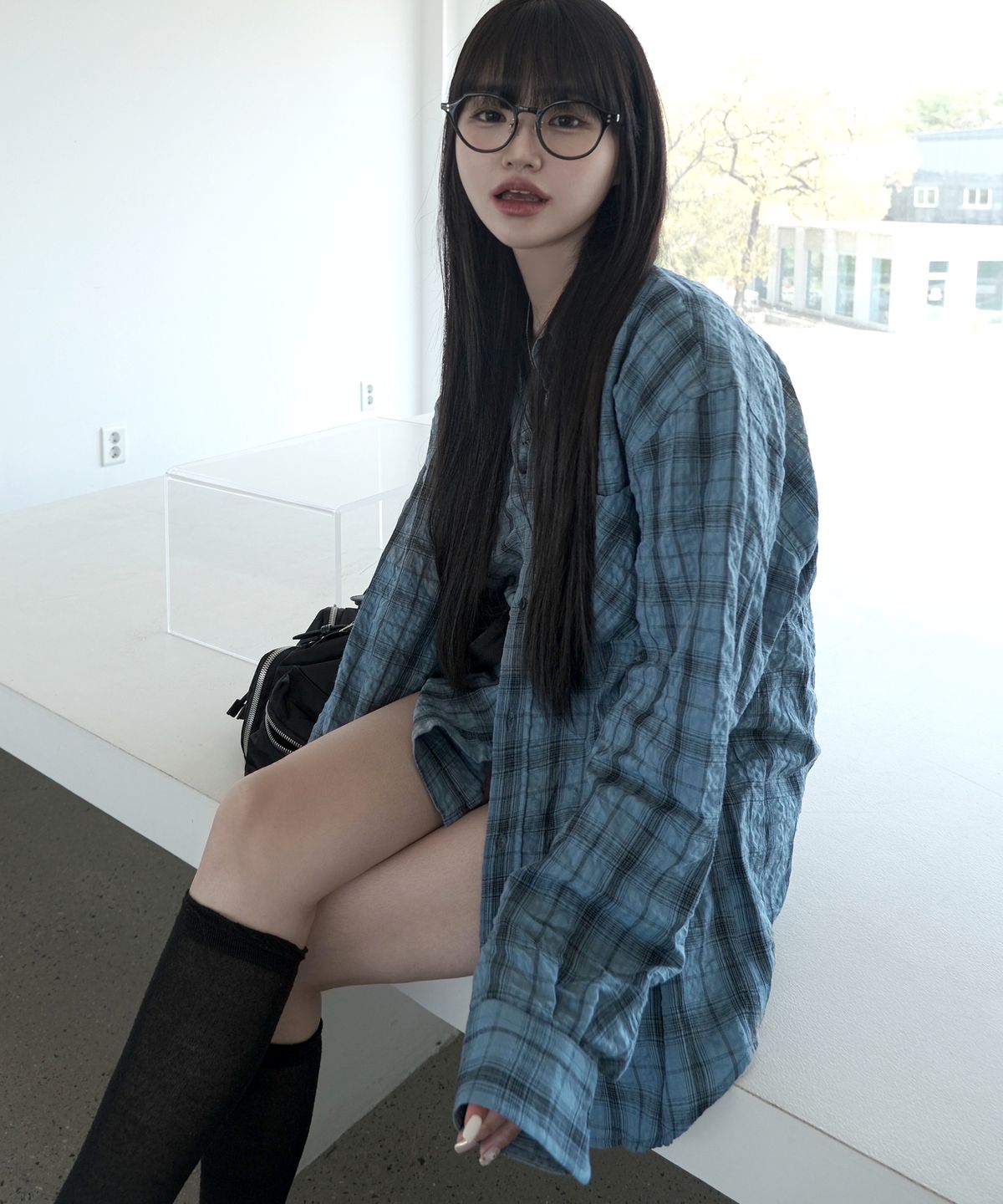 인더스트(INDUST) 브리드 링클 체크 셔츠_블루