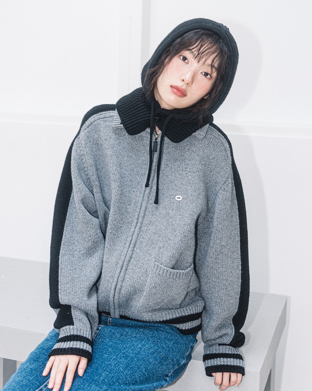해비즘(HAVISM) WOOL VARSITY KNIT ZIPUP JACKET(GREY)