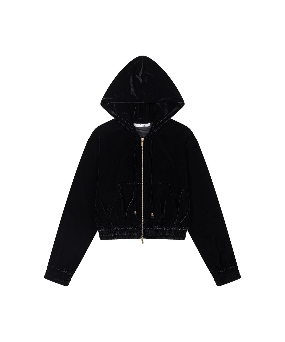 더포르타(THEPORTA) HOTFIX LOGO VELVET HOODIE ZIP-UP, BLACK