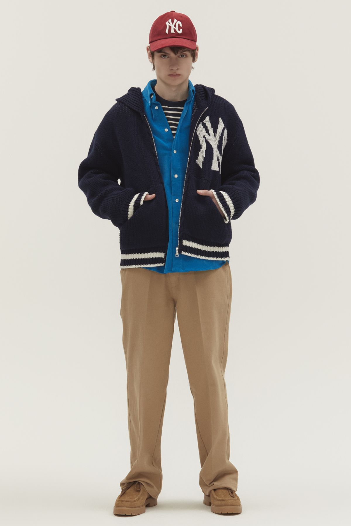 노앙(NOHANT) NYC RIBBED KNIT HOODIE ZIP-UP NAVY