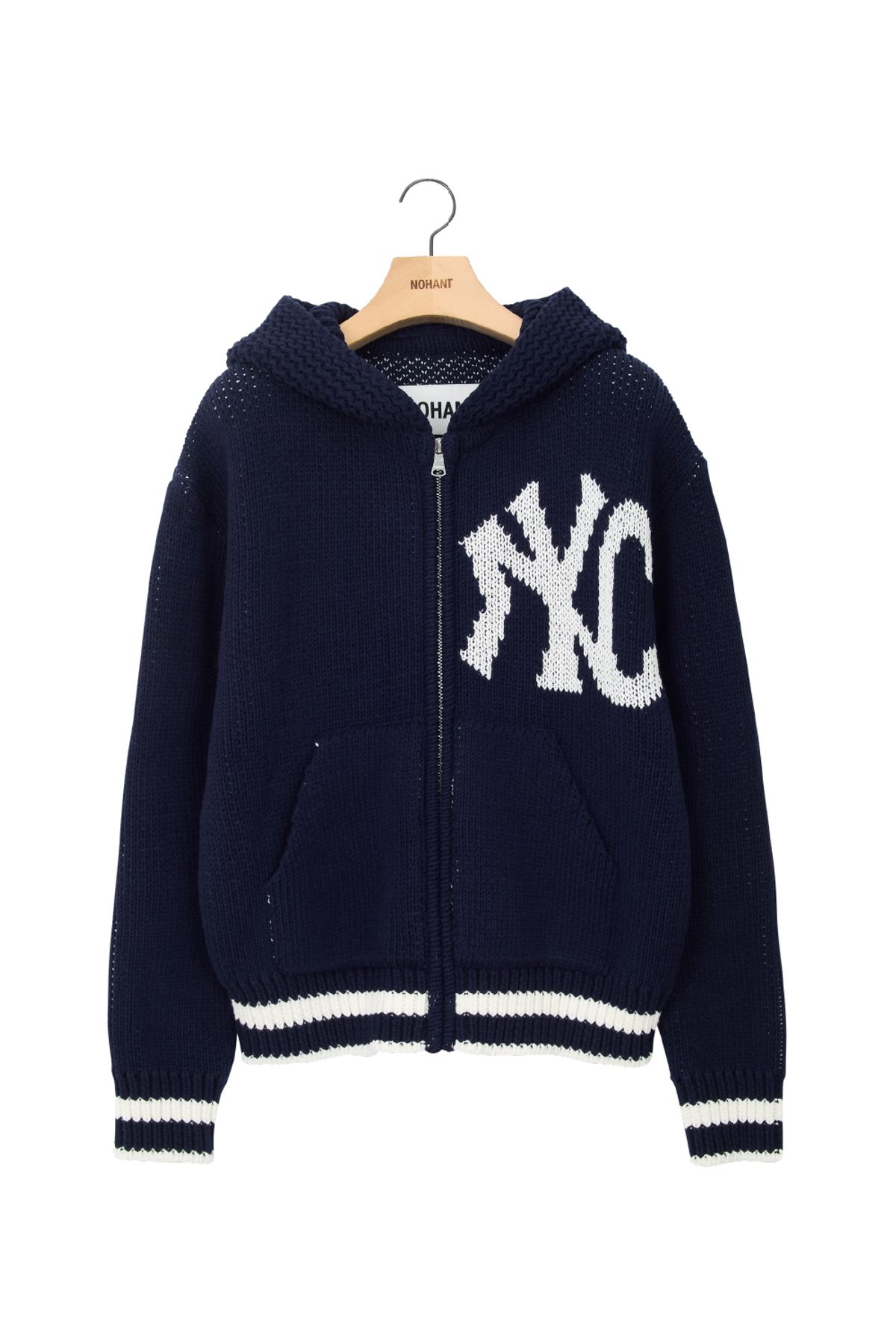 노앙(NOHANT) NYC RIBBED KNIT HOODIE ZIP-UP NAVY