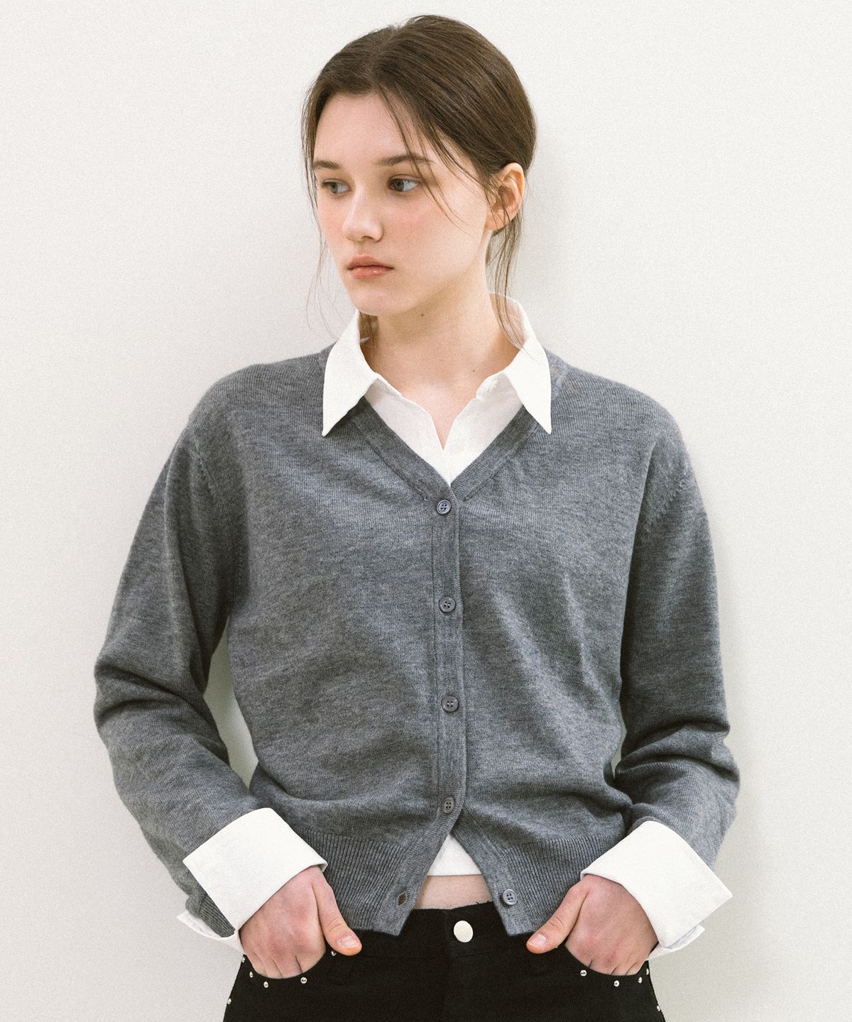 엽페(YUPPE) SHIRT COLLAR CARDIGAN_GRAY