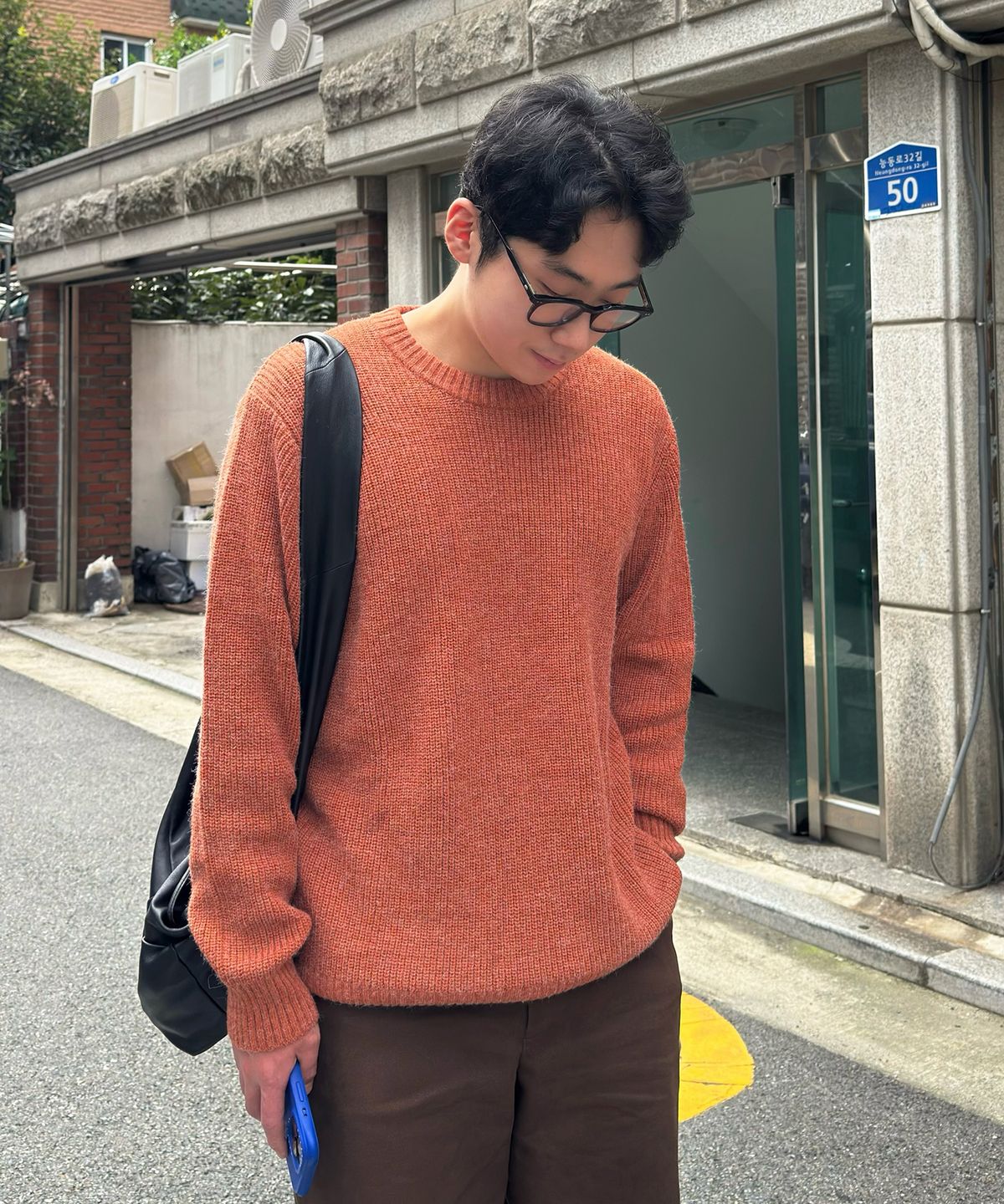 블론드나인(BLOND9) 크루넥 리브 니트 스웨터_멜란지오렌지
