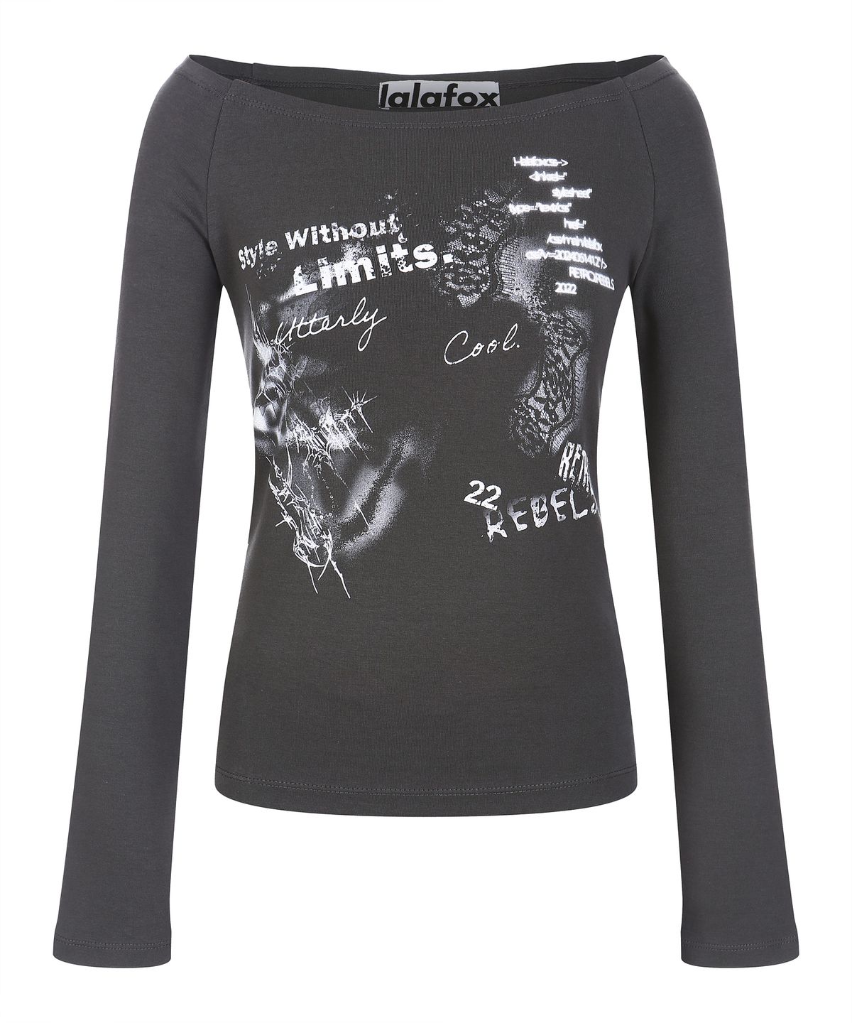 라라폭스(LALAFOX) OFF-SHOULDER PRINTING T-SHIRT 오프숄더 티셔츠 CHARCOAL BQ4CL005