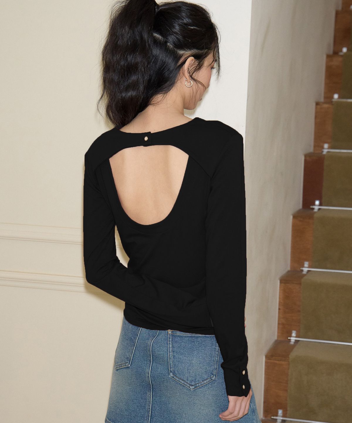 살롱 드 욘(SALON DE YOHN) Back Point Sleeve T_ Black