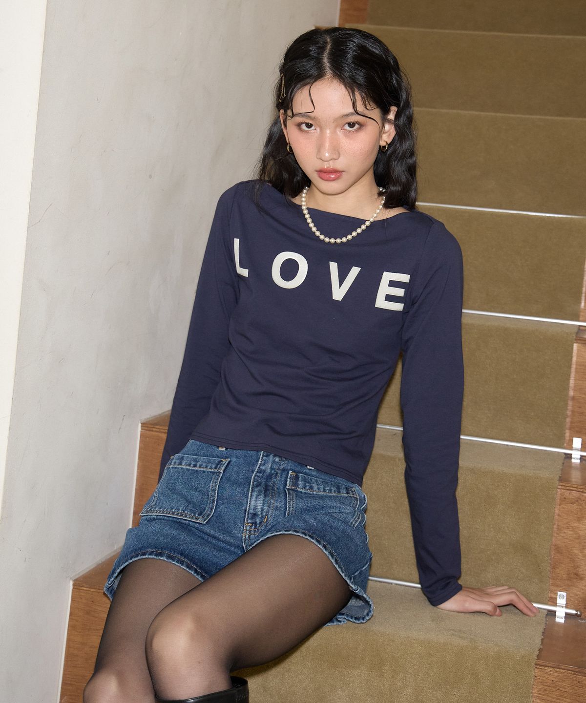 살롱 드 욘(SALON DE YOHN) Love Boat Neck T_ Navy
