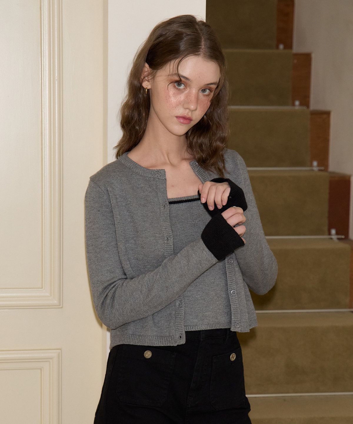 살롱 드 욘(SALON DE YOHN) Cuffs Knit Cardigan Set_ Gray