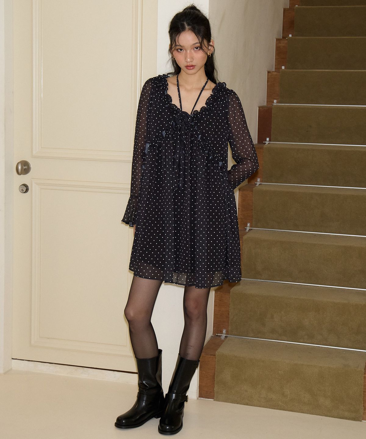 살롱 드 욘(SALON DE YOHN) Corsage Point Chiffon Dress_ Black