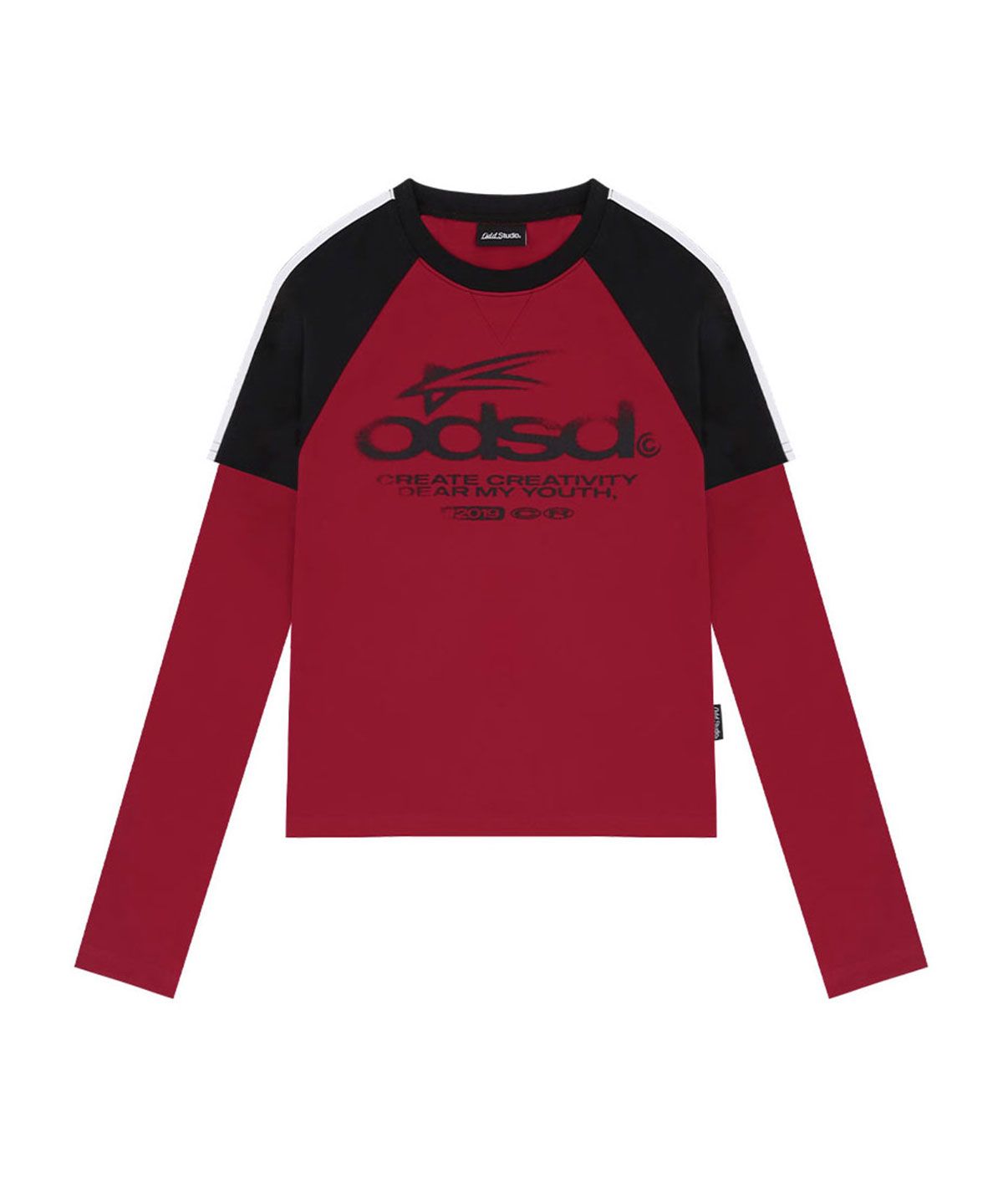오드스튜디오(ODDSTUDIO) ODSD 래글런 트랙 세미 크롭 티셔츠 - RED / BLACK