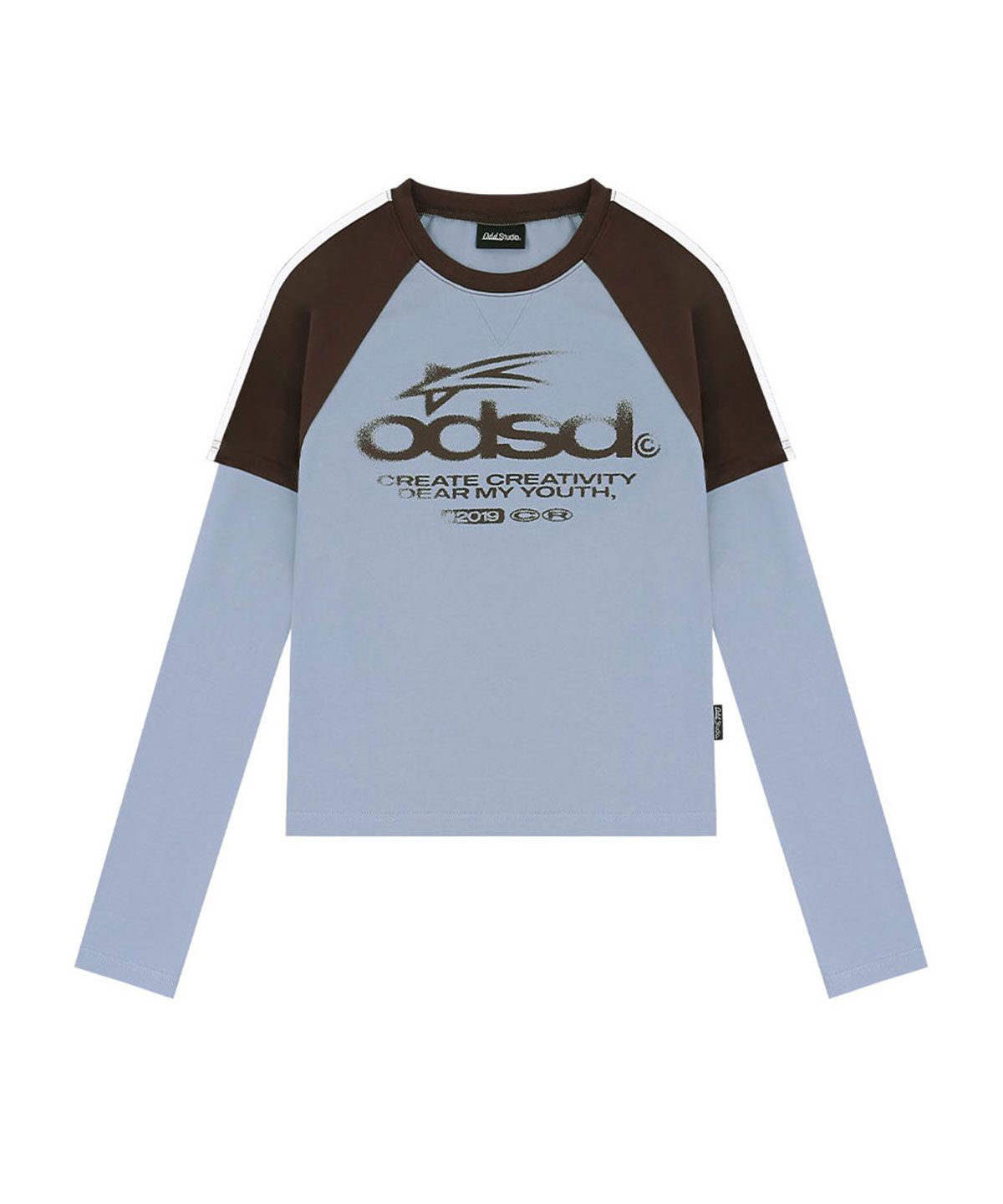 오드스튜디오(ODDSTUDIO) ODSD 래글런 트랙 세미 크롭 티셔츠 - SKY BLUE / BROWN