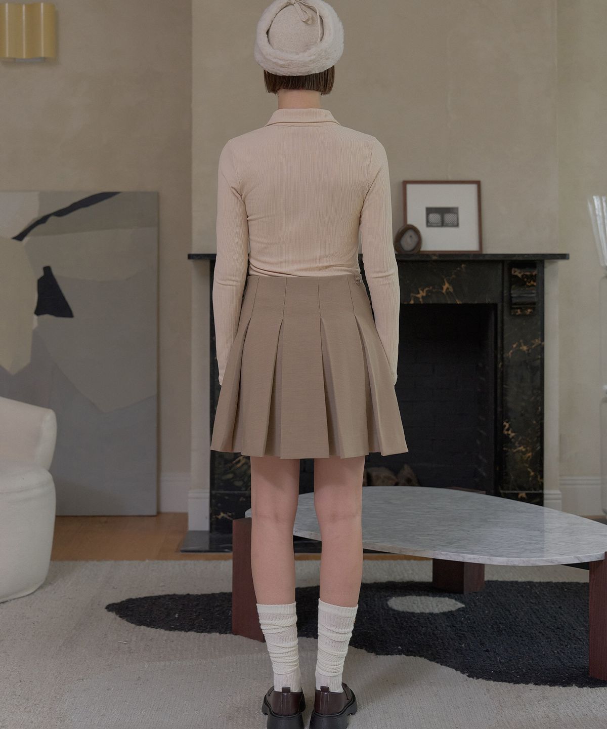 플레이부(PLAYBOO) WOOL-LIKE PLEATED SKIRT W/INNER PANTS_Beige