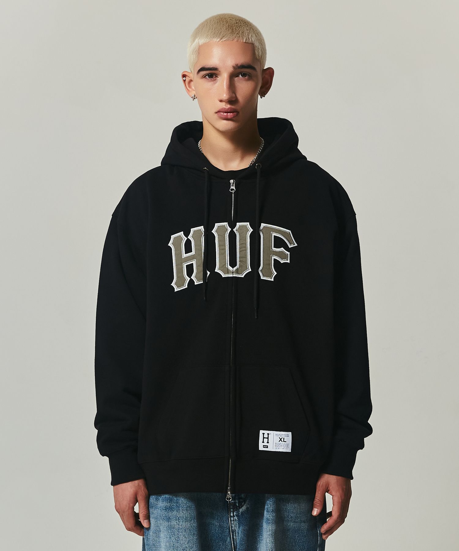 パーカー・フーディ HUF APPLIQUE ARCH LOGO HOODIE BLACK HC3ULHO01BLK MUSINSA | HUF APPLIQUE ARCH LOGO HOODIE ZIP UP [BLACK]