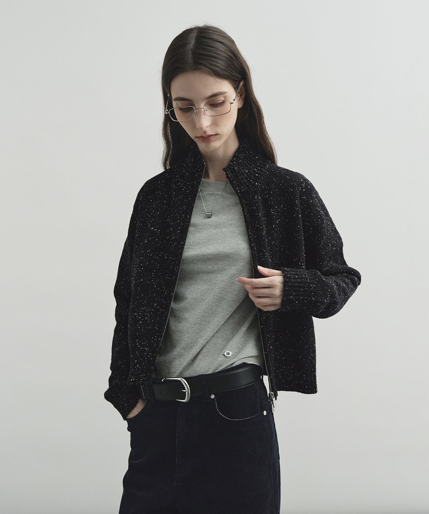 MUSINSA公式 | MONGDOL Wool Half Neck Zip Up Cardigan Black