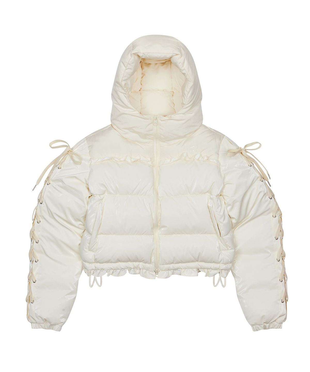 러브이즈트루(LUVISTRUE) AM RIBBON FRILL PUFFER JACKET(IVORY)