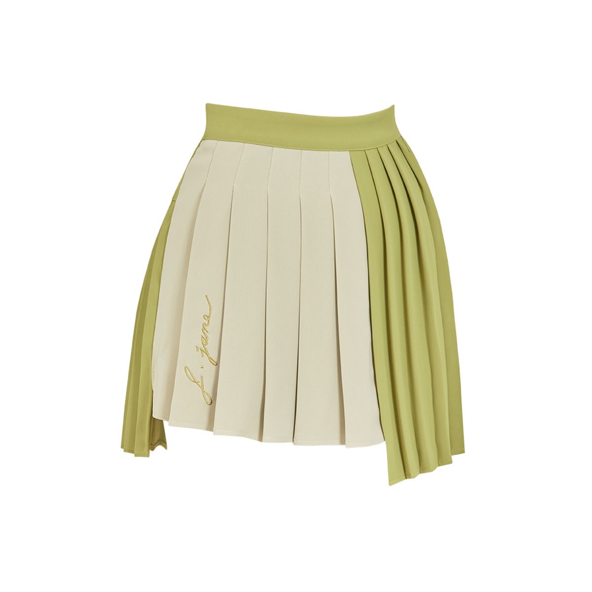 제이제인(J.JANE) 비대칭 배색 플리츠 스커트 (Olive Green)