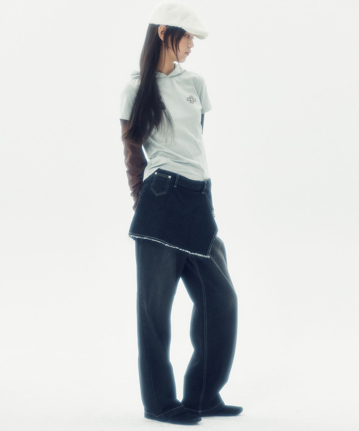 러닝하이(RUNNINGHIGH) 스커트 레이어드 데님 팬츠 [블랙]