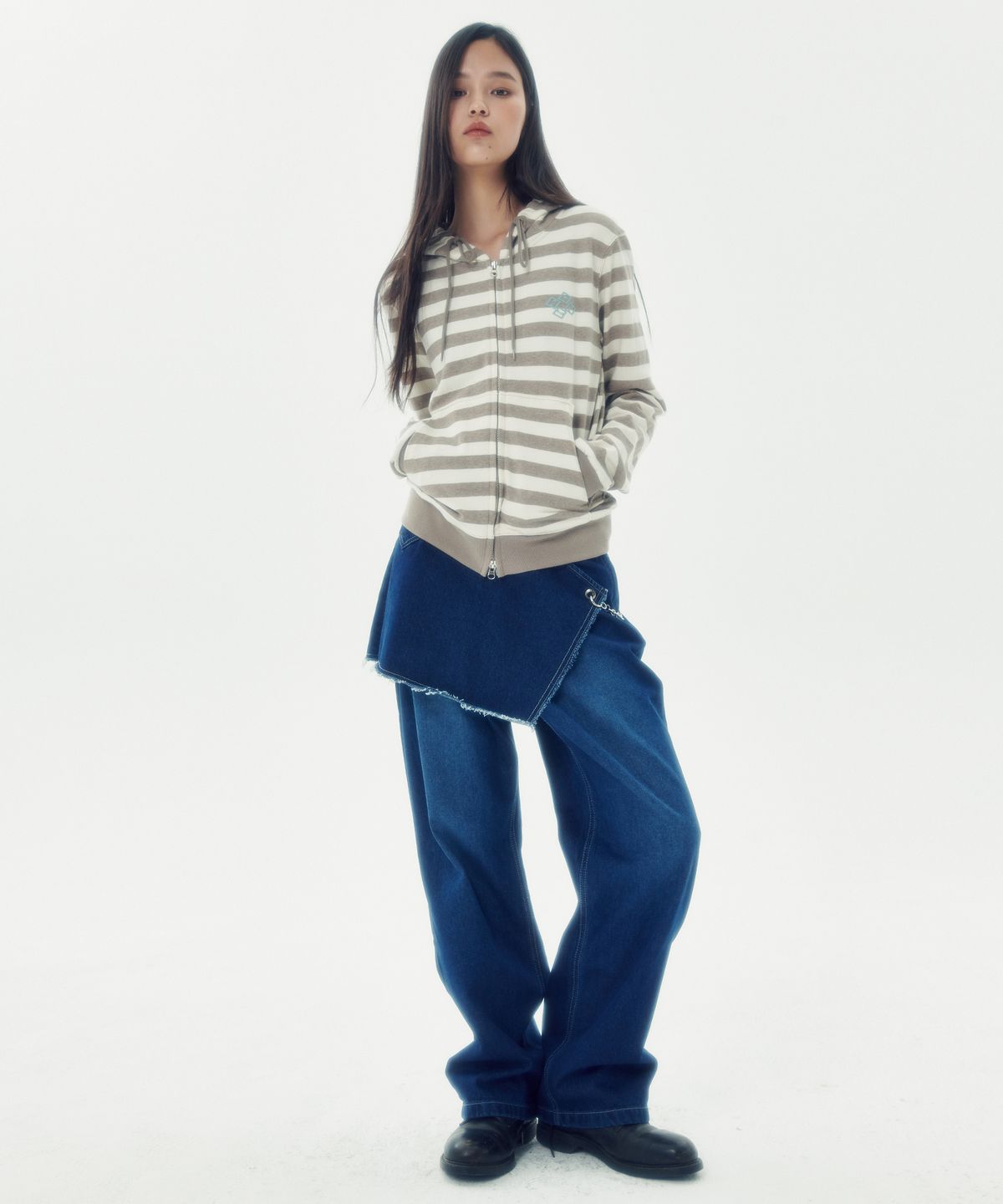 러닝하이(RUNNINGHIGH) 스커트 레이어드 데님 팬츠 [블루]