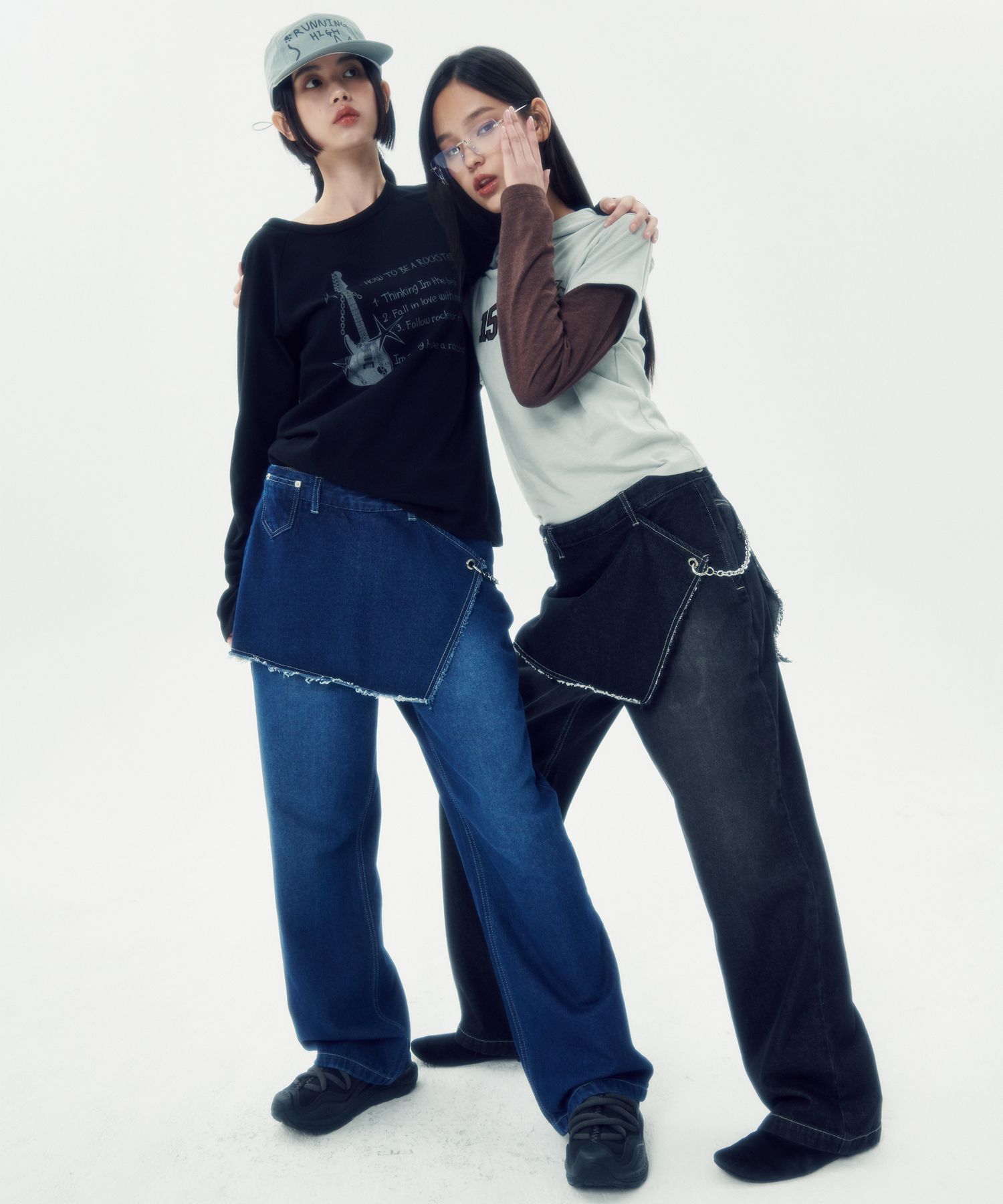 RUNNING HIGH★韓国★人気★skirt layered denim pants 2色 MUSINSA | RUNNING HIGH Skirt Layered Denim Pants [Blue]