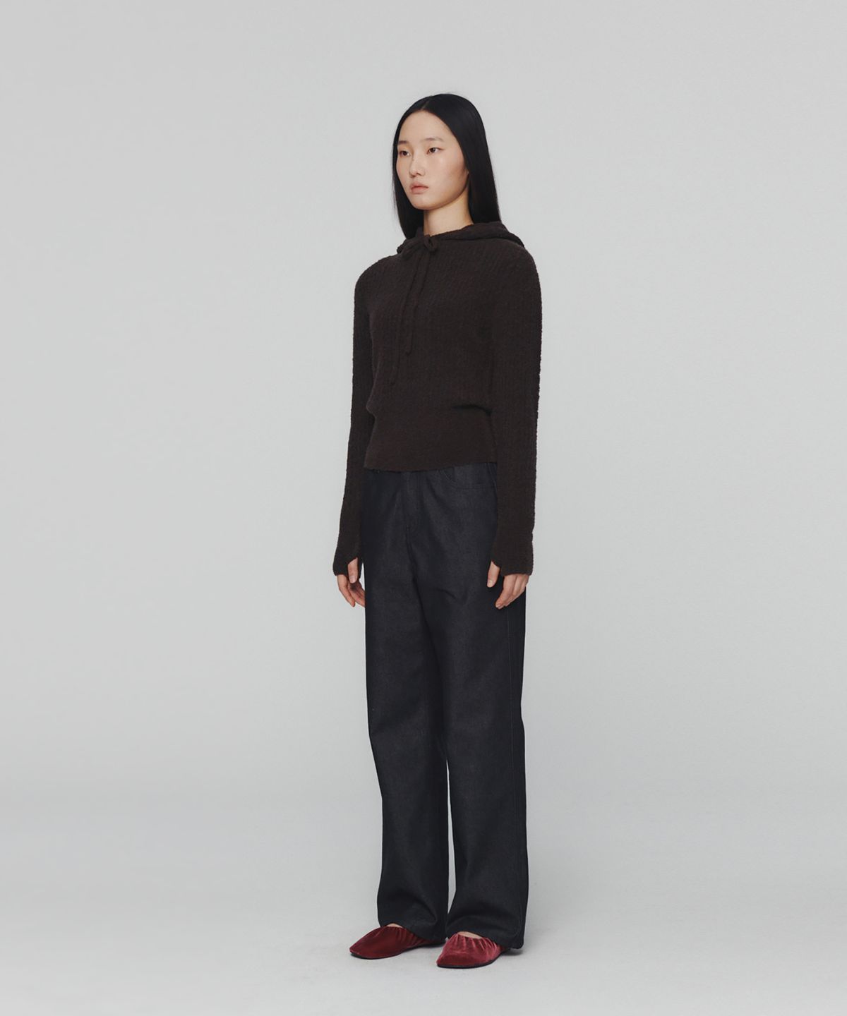 아모멘토(AMOMENTO) BOUCLE HOODED KNIT_DARK BROWN