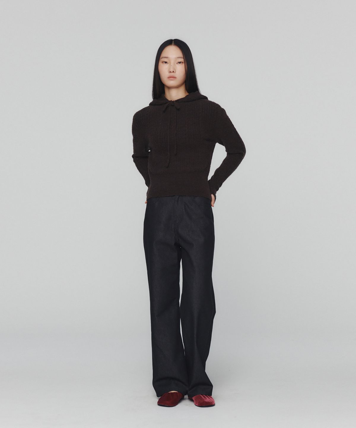 아모멘토(AMOMENTO) BOUCLE HOODED KNIT_DARK BROWN