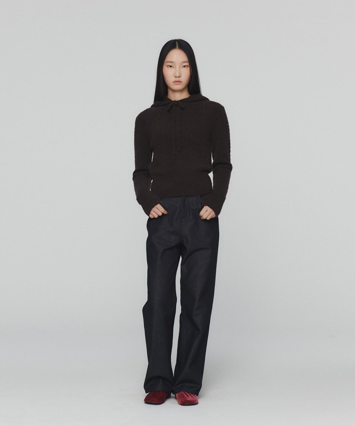 아모멘토(AMOMENTO) BOUCLE HOODED KNIT_DARK BROWN