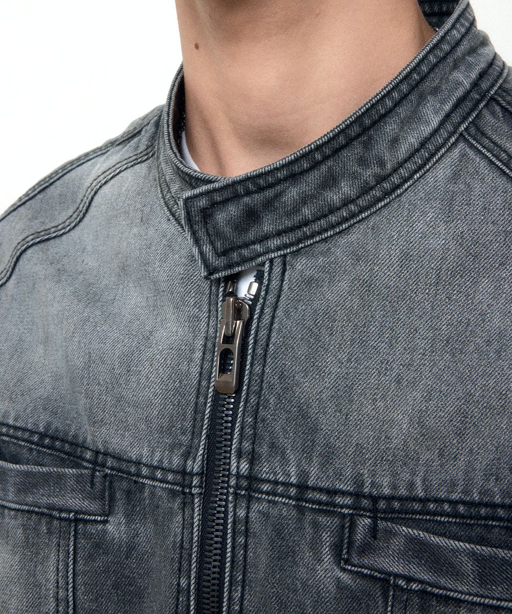 MUSINSA | MAISON MINED SNAP BIKER DENIM JACKET GREY