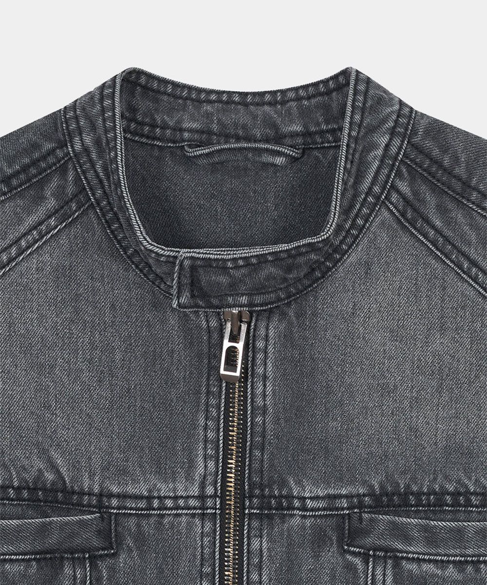 MUSINSA | MAISON MINED SNAP BIKER DENIM JACKET GREY