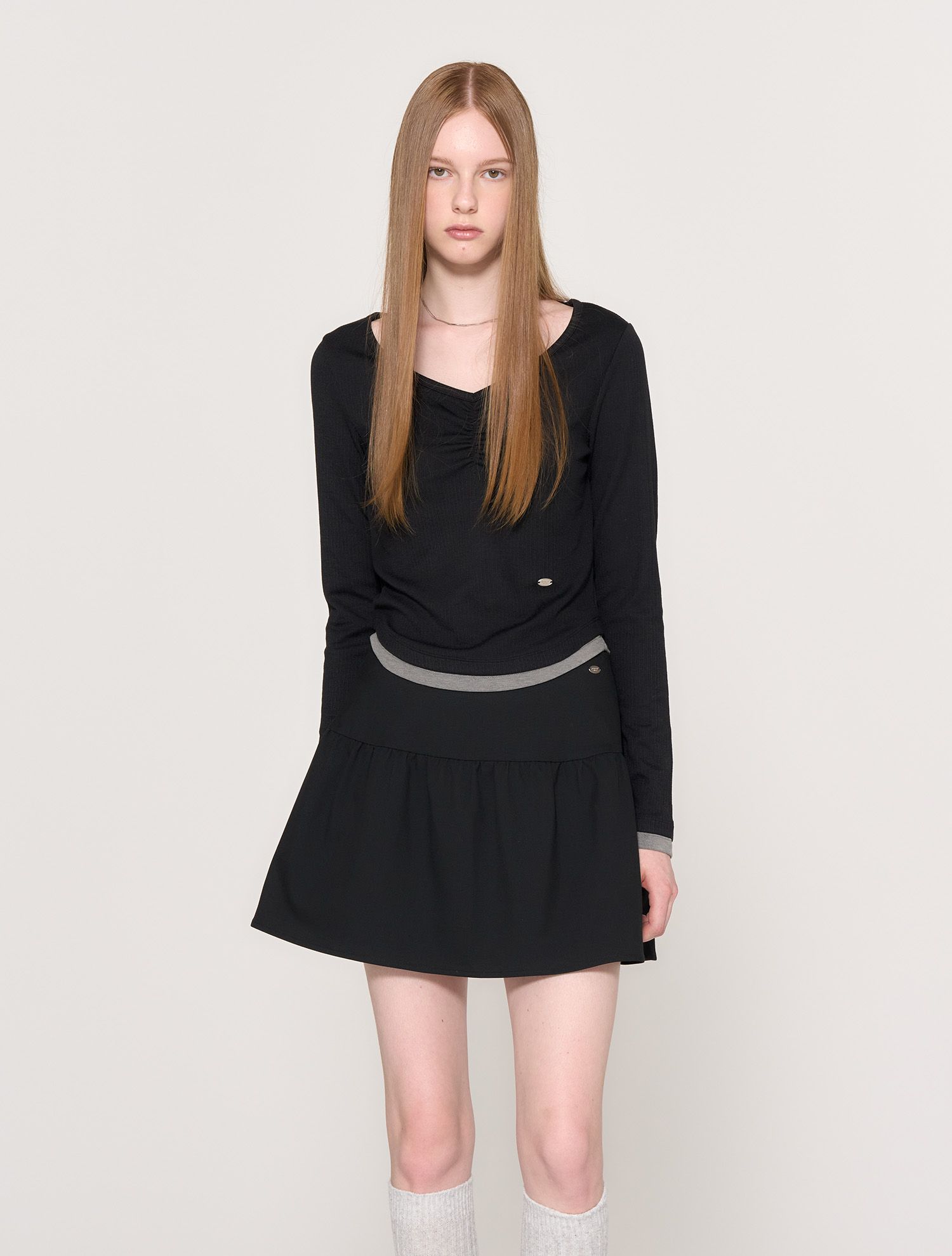 ★GENERAL IDEA★ V-neck shirring layered T-shirt MELANGE CHA MUSINSA | GENERAL IDEA V-neck shirring layered T-shirt